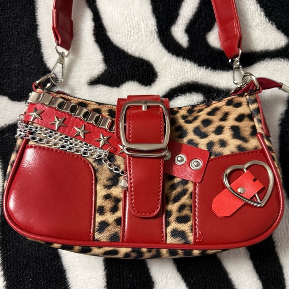 Handbags - Red and Leopard Print Y2K Mini Purse Bag Faux Leather Chain Star Embellishments
